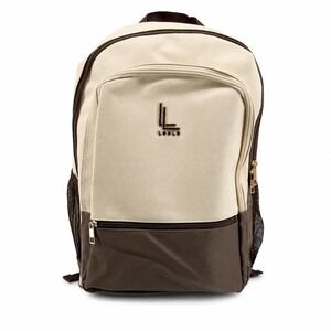 Loulu Cream and Brown Two-Tone Leatherette Backpack Gold Hardware Zippered Bag